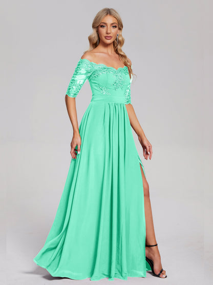 Keira Off the Shoulder Appliqued Lace Chiffon Bridesmaid Dress