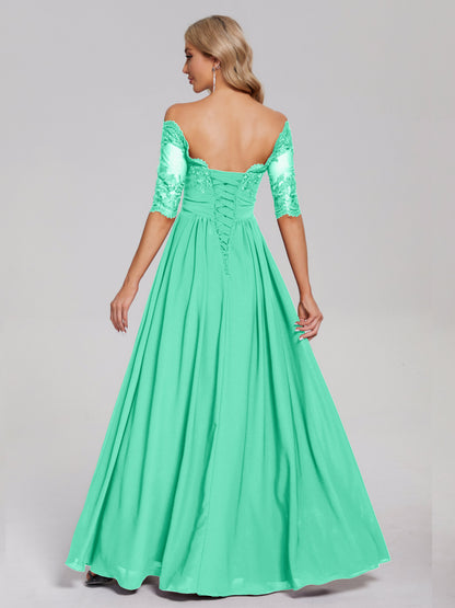 Keira Off the Shoulder Appliqued Lace Chiffon Bridesmaid Dress