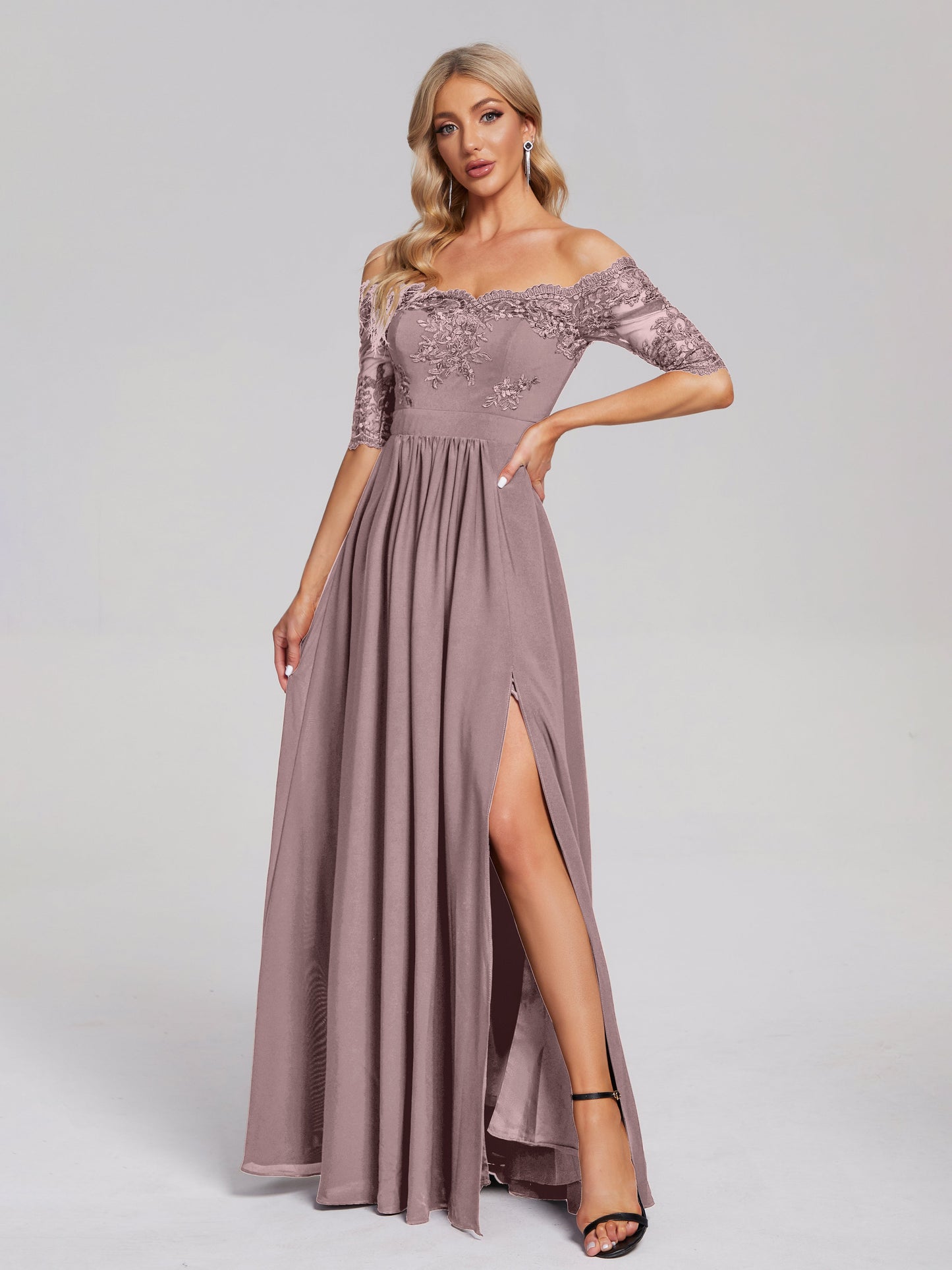 Keira Off the Shoulder Appliqued Lace Chiffon Bridesmaid Dress