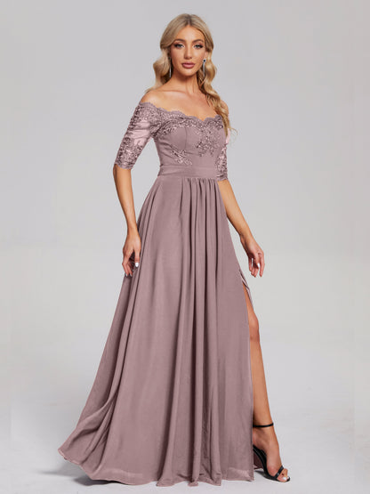 Keira Off the Shoulder Appliqued Lace Chiffon Bridesmaid Dress