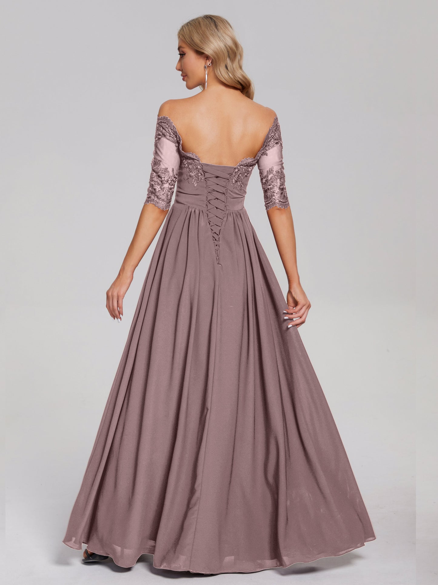 Keira Off the Shoulder Appliqued Lace Chiffon Bridesmaid Dress