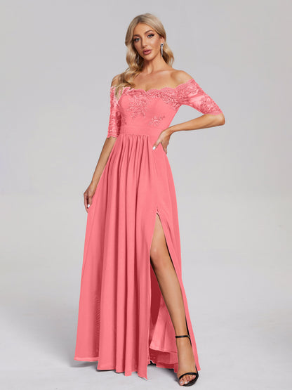Keira Off the Shoulder Appliqued Lace Chiffon Bridesmaid Dress