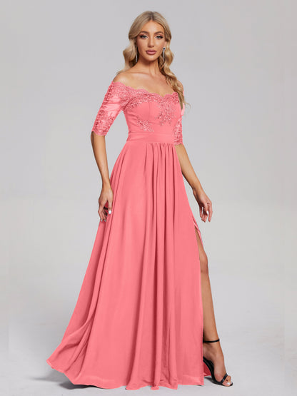 Keira Off the Shoulder Appliqued Lace Chiffon Bridesmaid Dress