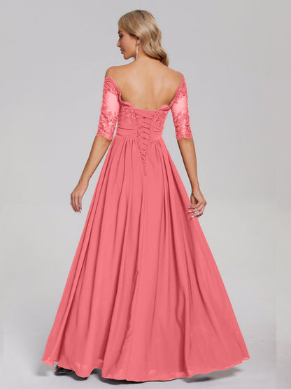 Keira Off the Shoulder Appliqued Lace Chiffon Bridesmaid Dress