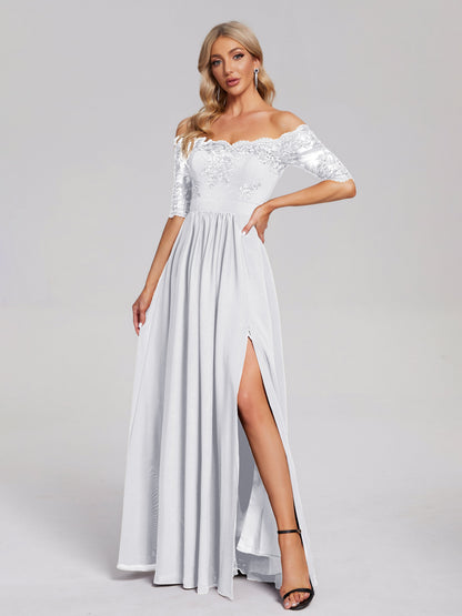 Keira Off the Shoulder Appliqued Lace Chiffon Bridesmaid Dress