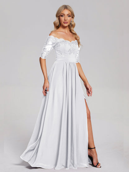 Keira Off the Shoulder Appliqued Lace Chiffon Bridesmaid Dress