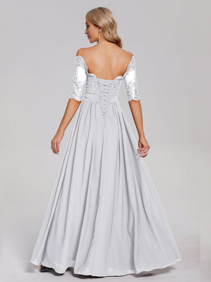 Keira Off the Shoulder Appliqued Lace Chiffon Bridesmaid Dress
