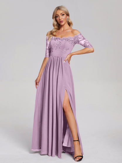 Keira Off the Shoulder Appliqued Lace Chiffon Bridesmaid Dress