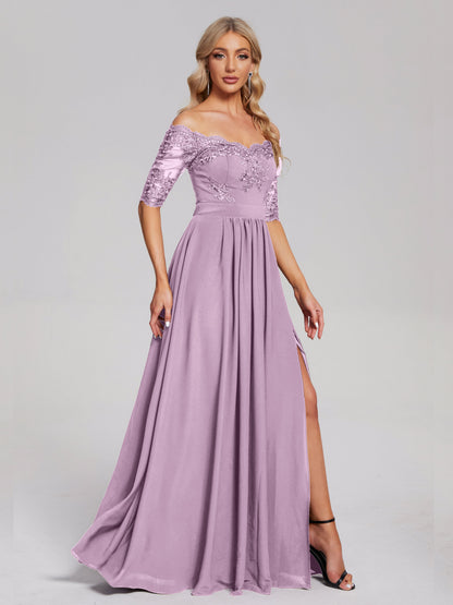 Keira Off the Shoulder Appliqued Lace Chiffon Bridesmaid Dress