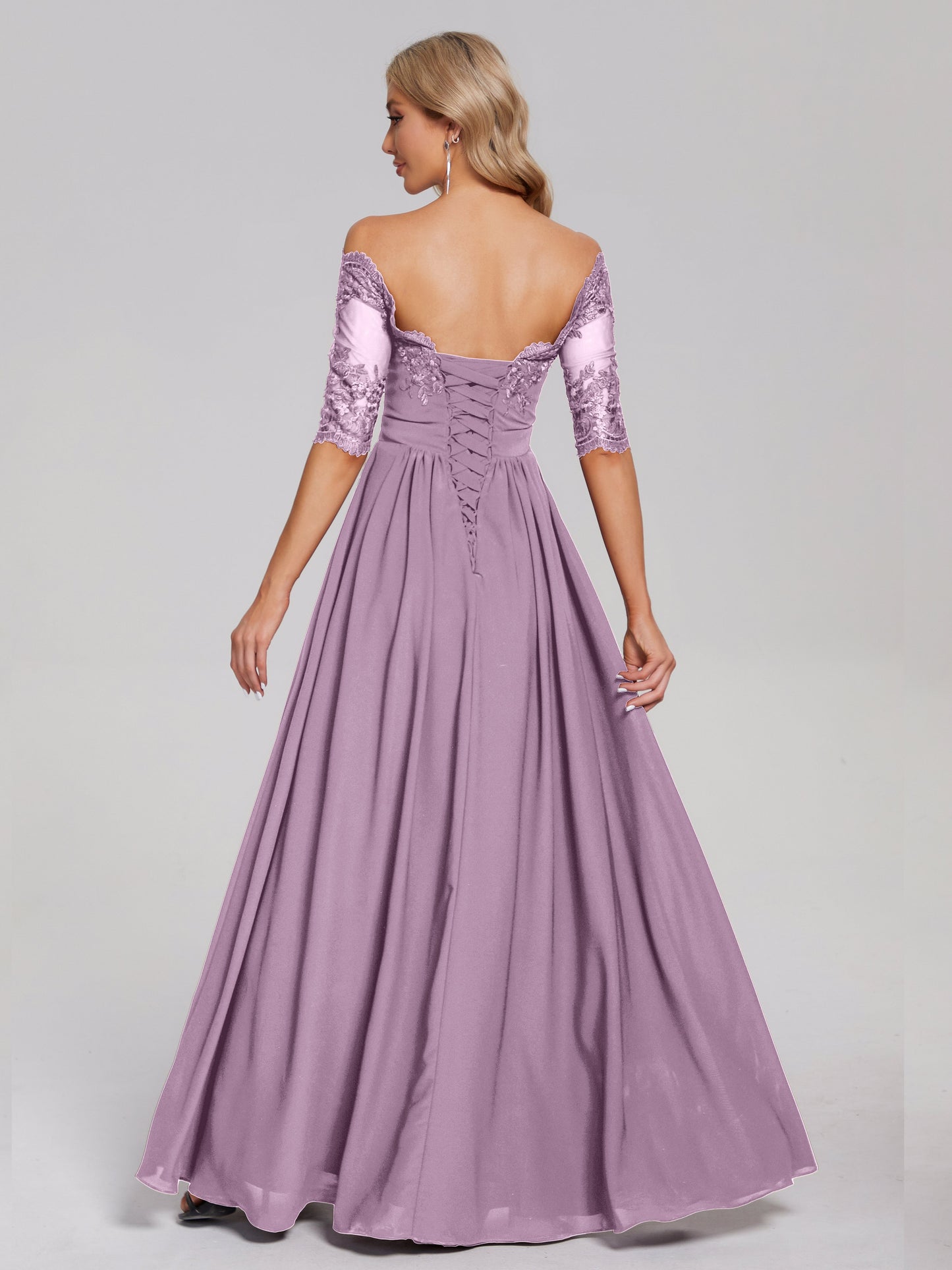 Keira Off the Shoulder Appliqued Lace Chiffon Bridesmaid Dress