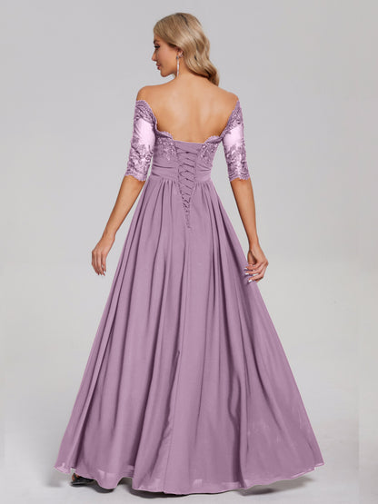 Keira Off the Shoulder Appliqued Lace Chiffon Bridesmaid Dress