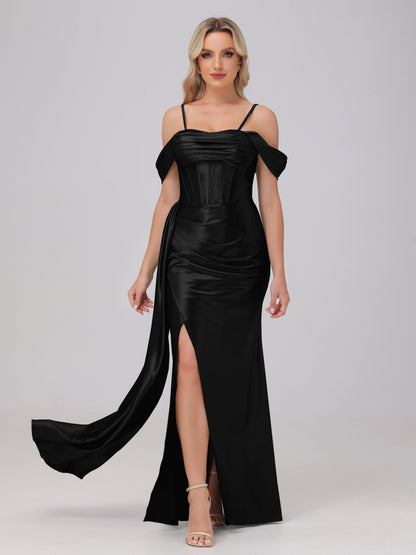 Off the Shoulder Straps Bodice Zip Back Bridesmaid Dresses with Slit