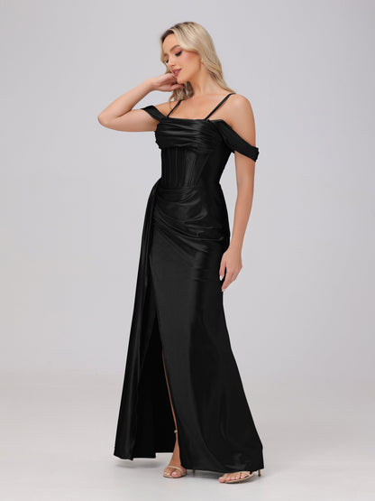 Off the Shoulder Straps Bodice Zip Back Bridesmaid Dresses with Slit