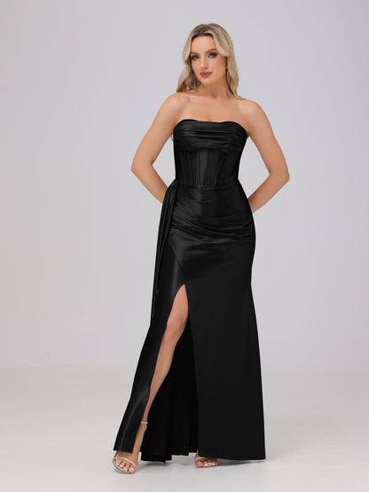 Off the Shoulder Straps Bodice Zip Back Bridesmaid Dresses with Slit