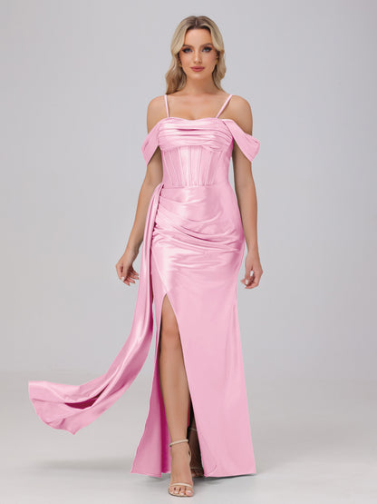 Off the Shoulder Straps Bodice Zip Back Bridesmaid Dresses with Slit