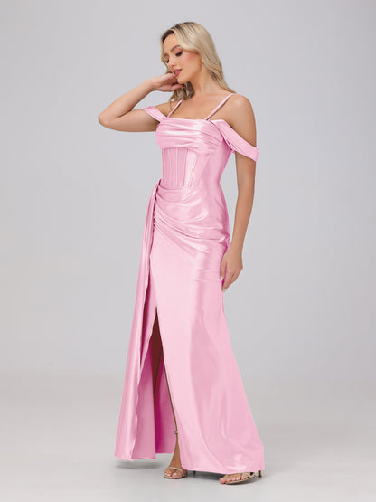 Off the Shoulder Straps Bodice Zip Back Bridesmaid Dresses with Slit