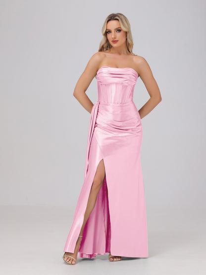 Off the Shoulder Straps Bodice Zip Back Bridesmaid Dresses with Slit