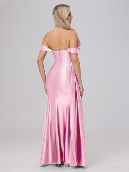 Off the Shoulder Straps Bodice Zip Back Bridesmaid Dresses with Slit