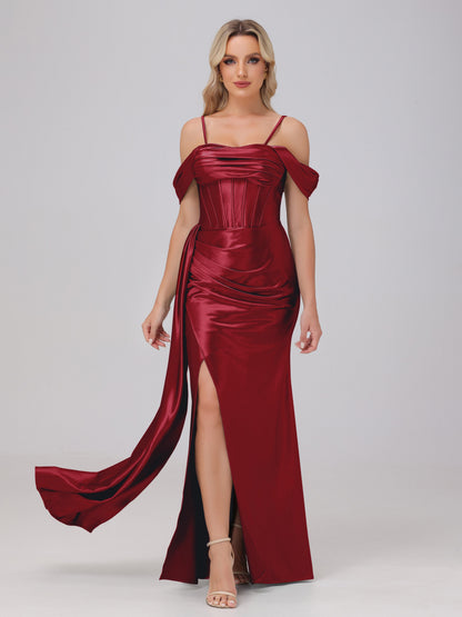 Off the Shoulder Straps Bodice Zip Back Bridesmaid Dresses with Slit