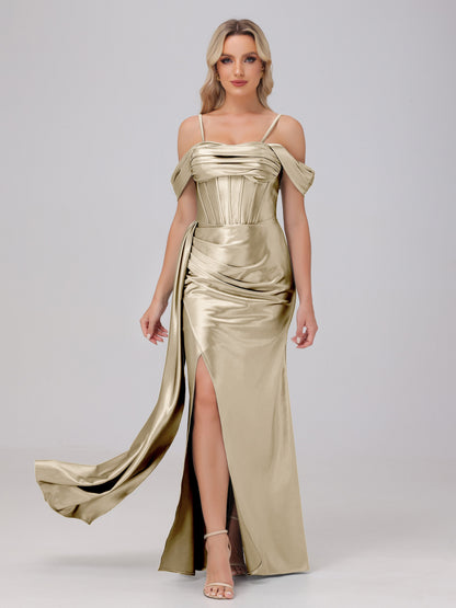 Off the Shoulder Straps Bodice Zip Back Bridesmaid Dresses with Slit