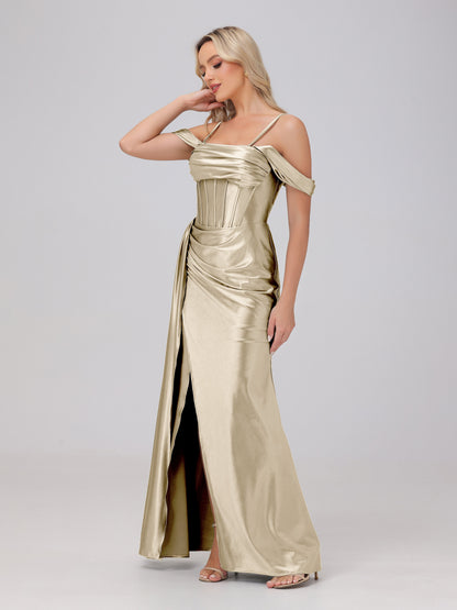 Off the Shoulder Straps Bodice Zip Back Bridesmaid Dresses with Slit