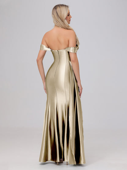 Off the Shoulder Straps Bodice Zip Back Bridesmaid Dresses with Slit