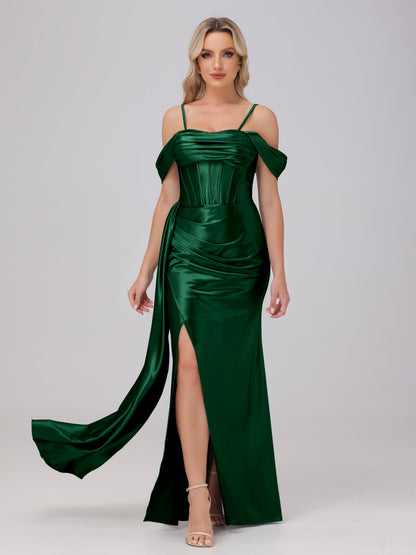 Off the Shoulder Straps Bodice Zip Back Bridesmaid Dresses with Slit