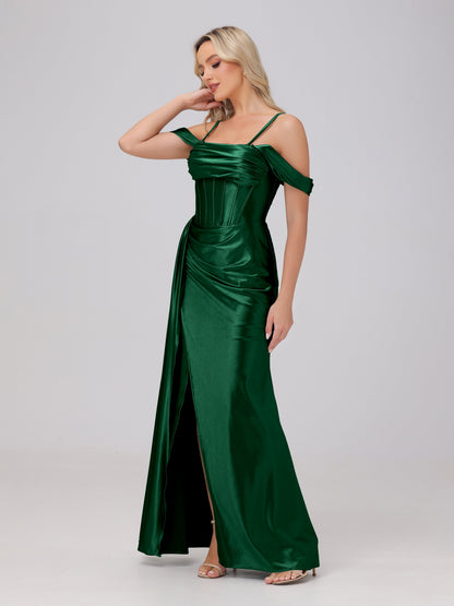 Off the Shoulder Straps Bodice Zip Back Bridesmaid Dresses with Slit