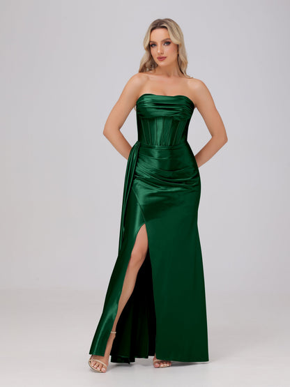 Off the Shoulder Straps Bodice Zip Back Bridesmaid Dresses with Slit