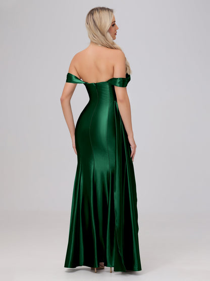 Off the Shoulder Straps Bodice Zip Back Bridesmaid Dresses with Slit
