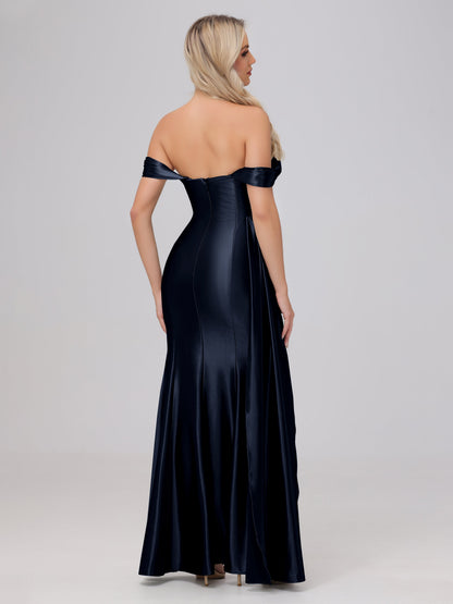 Off the Shoulder Straps Bodice Zip Back Bridesmaid Dresses with Slit