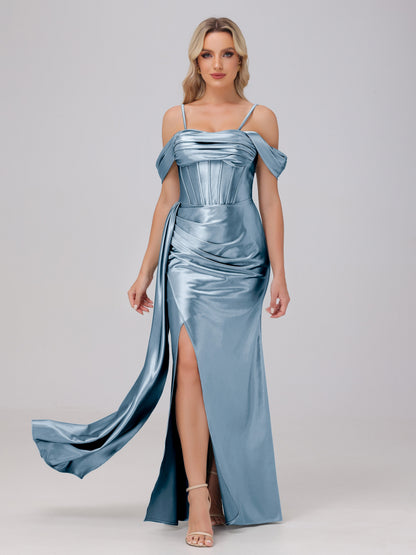 Off the Shoulder Straps Bodice Zip Back Bridesmaid Dresses with Slit