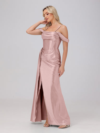 Off the Shoulder Straps Bodice Zip Back Bridesmaid Dresses with Slit