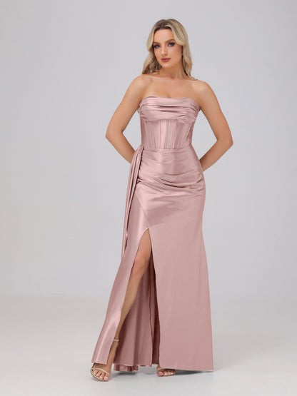 Off the Shoulder Straps Bodice Zip Back Bridesmaid Dresses with Slit