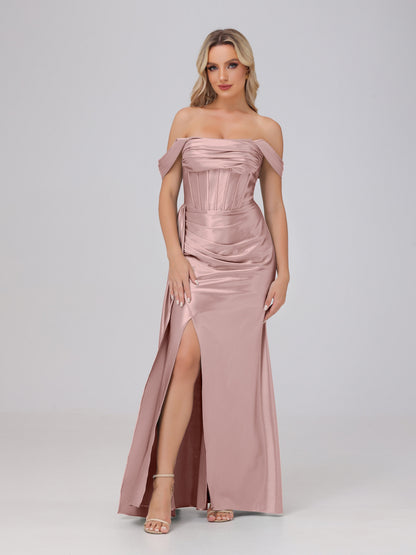 Off the Shoulder Straps Bodice Zip Back Bridesmaid Dresses with Slit