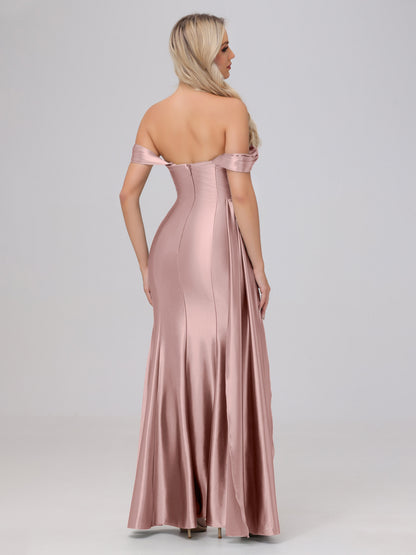 Off the Shoulder Straps Bodice Zip Back Bridesmaid Dresses with Slit