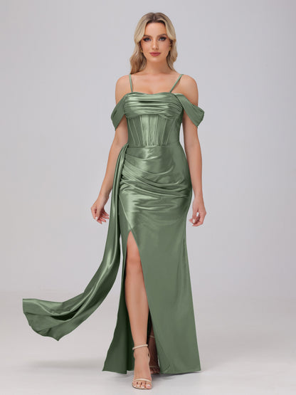 Off the Shoulder Straps Bodice Zip Back Bridesmaid Dresses with Slit