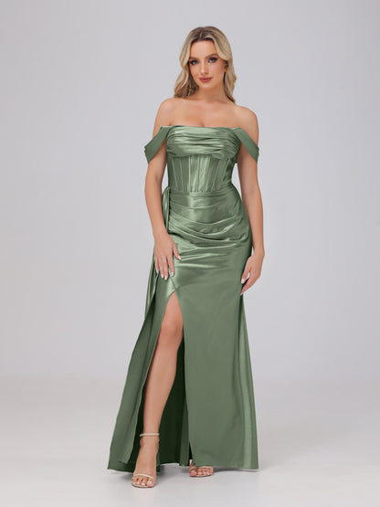 Off the Shoulder Straps Bodice Zip Back Bridesmaid Dresses with Slit