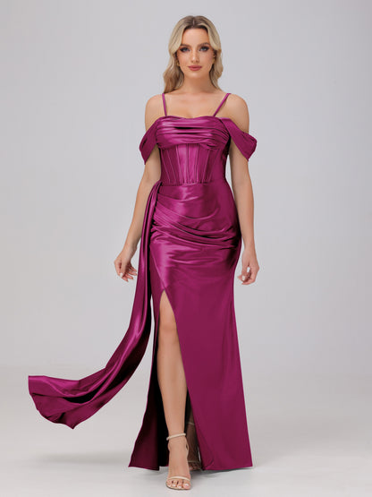 Off the Shoulder Straps Bodice Zip Back Bridesmaid Dresses with Slit