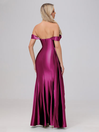 Off the Shoulder Straps Bodice Zip Back Bridesmaid Dresses with Slit