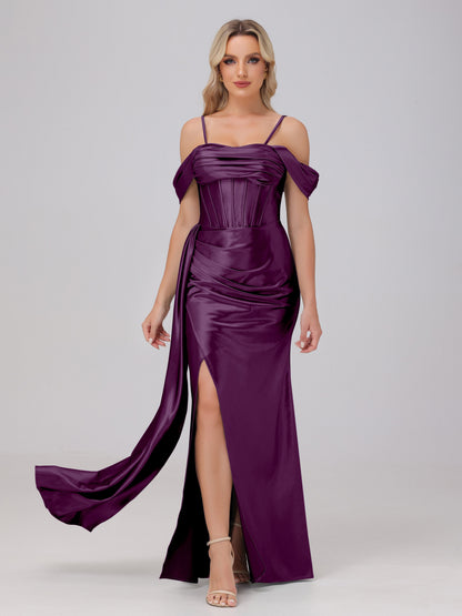 Off the Shoulder Straps Bodice Zip Back Bridesmaid Dresses with Slit