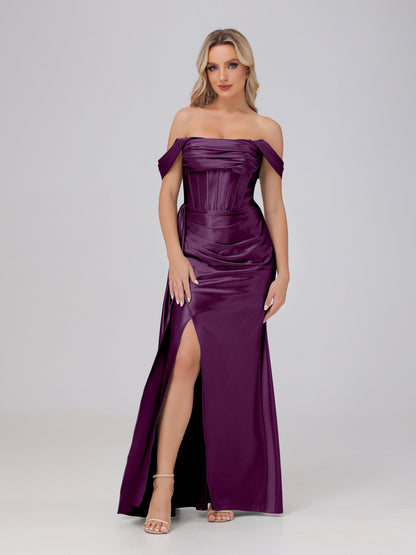 Off the Shoulder Straps Bodice Zip Back Bridesmaid Dresses with Slit
