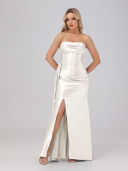 Off the Shoulder Straps Bodice Zip Back Bridesmaid Dresses with Slit