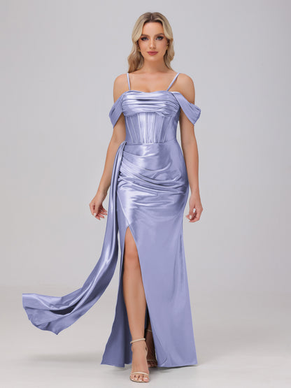 Off the Shoulder Straps Bodice Zip Back Bridesmaid Dresses with Slit