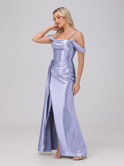 Off the Shoulder Straps Bodice Zip Back Bridesmaid Dresses with Slit