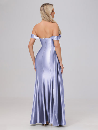 Off the Shoulder Straps Bodice Zip Back Bridesmaid Dresses with Slit