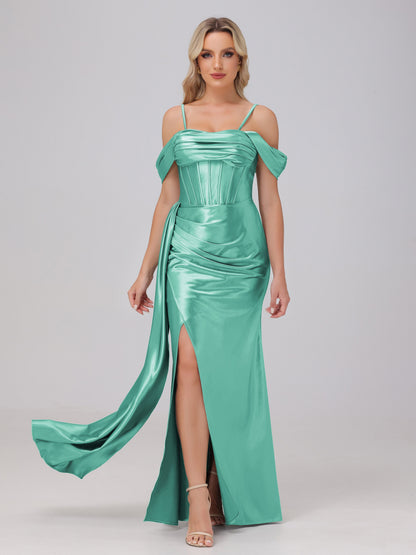 Off the Shoulder Straps Bodice Zip Back Bridesmaid Dresses with Slit