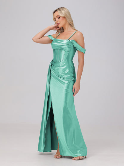 Off the Shoulder Straps Bodice Zip Back Bridesmaid Dresses with Slit