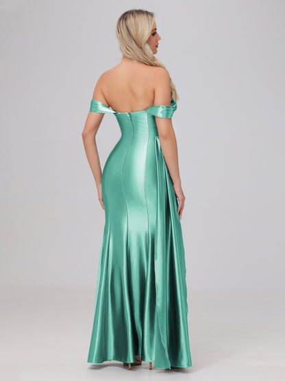 Off the Shoulder Straps Bodice Zip Back Bridesmaid Dresses with Slit