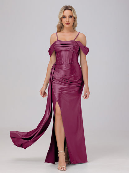 Off the Shoulder Straps Bodice Zip Back Bridesmaid Dresses with Slit